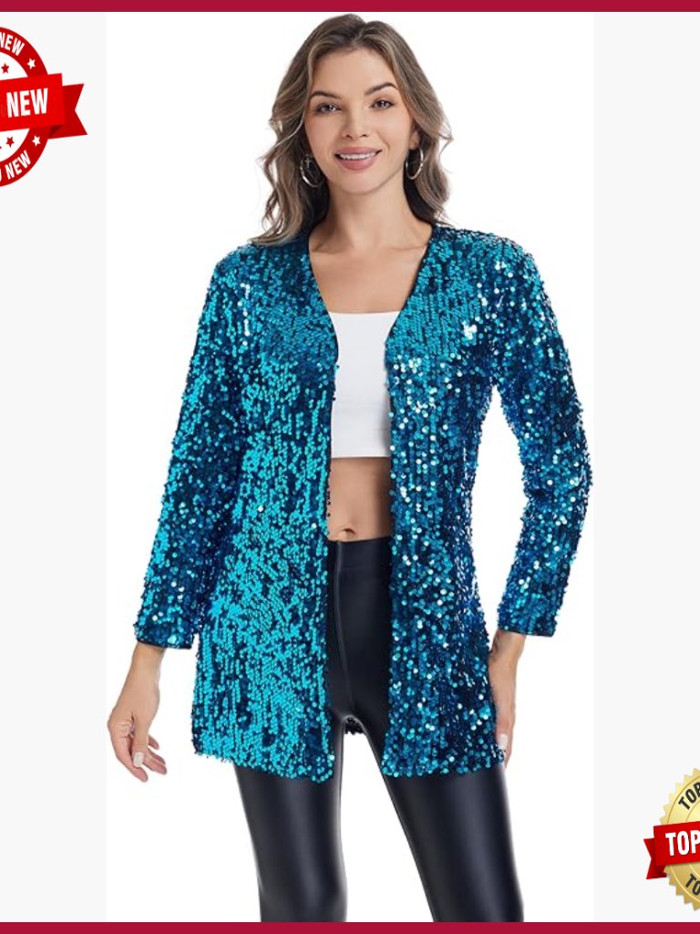 Sequin Blazer Open Front Jacket Long Sleeve Sparkly Party Cardigan Coat